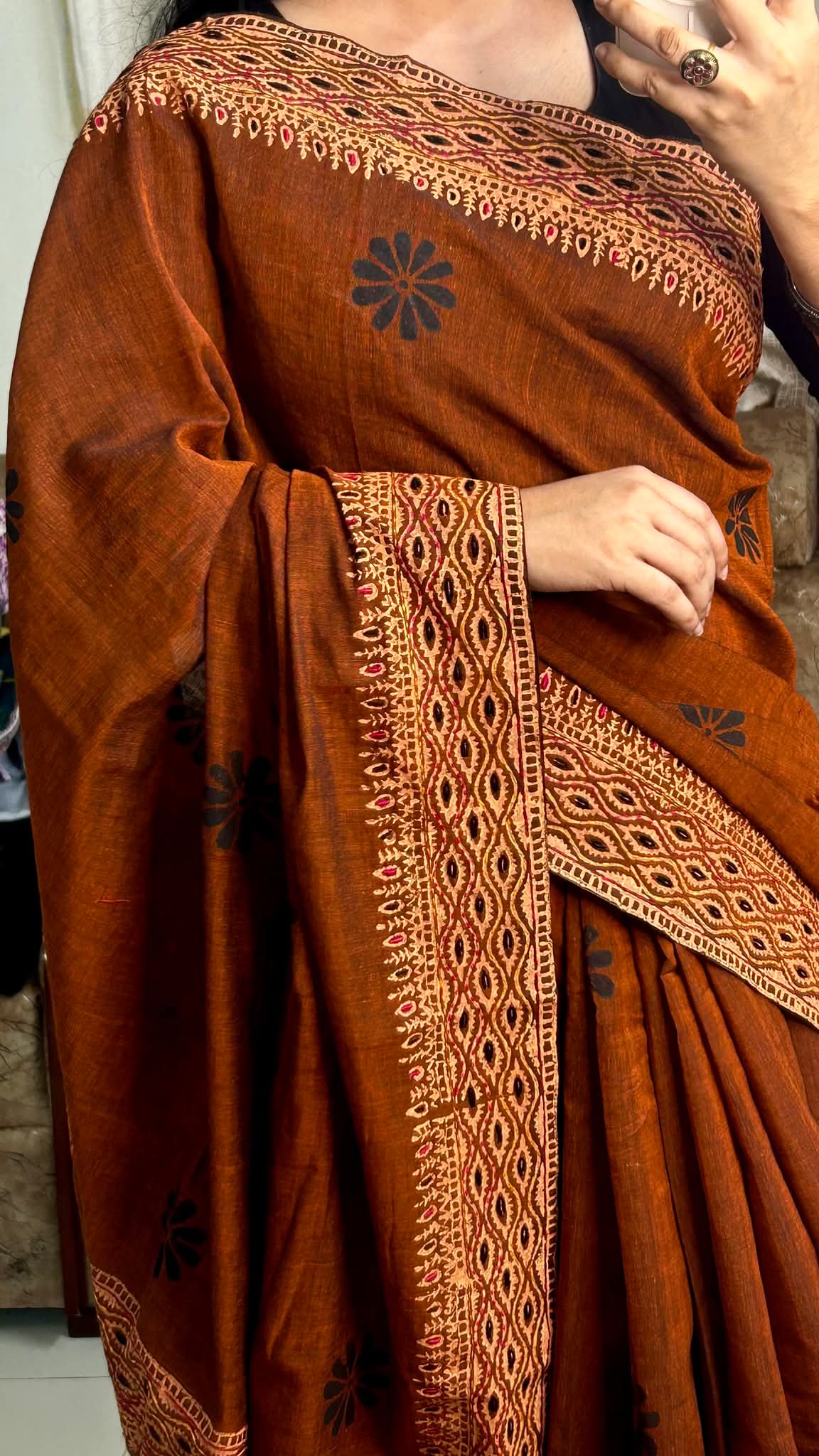 গর্জিয়াস কপার ব্রাউন ব্লক প্রিন্ট কটন শাড়ি" || Gorgeous Copper Brown Block Print Cotton Saree - Image 5