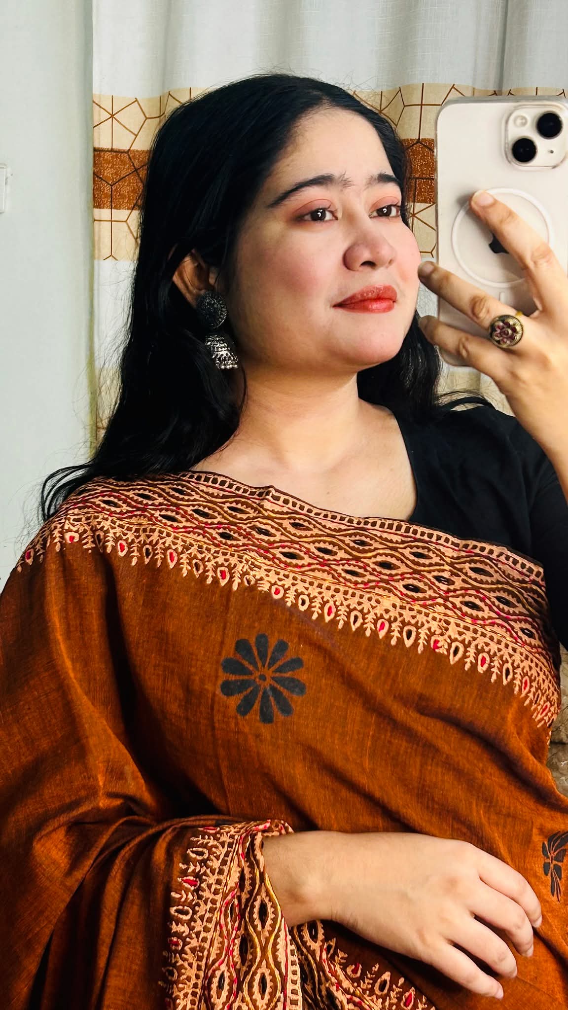 গর্জিয়াস কপার ব্রাউন ব্লক প্রিন্ট কটন শাড়ি" || Gorgeous Copper Brown Block Print Cotton Saree - Image 4