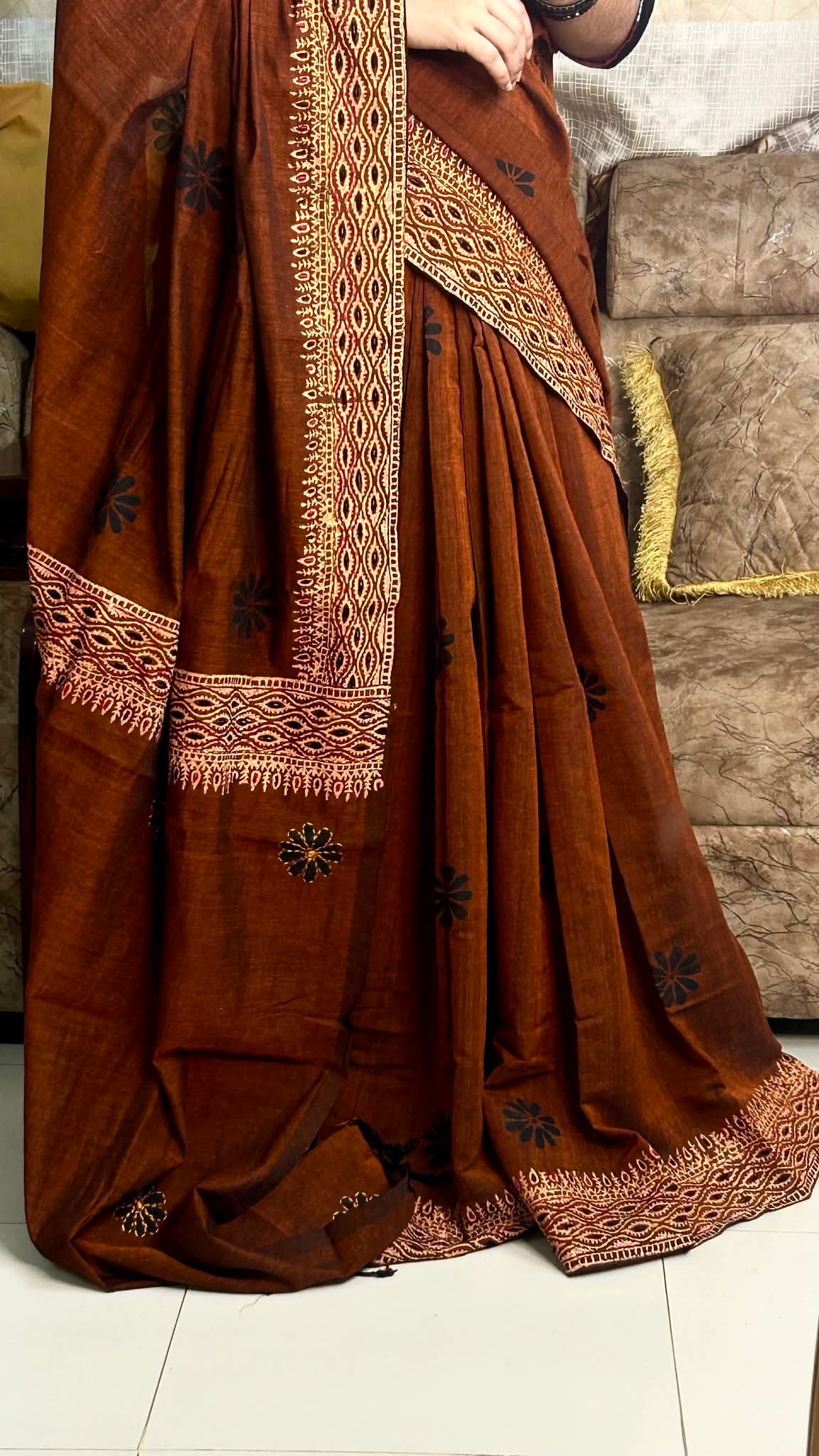 গর্জিয়াস কপার ব্রাউন ব্লক প্রিন্ট কটন শাড়ি" || Gorgeous Copper Brown Block Print Cotton Saree