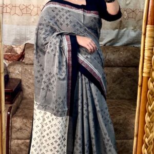 এলিগেন্ট অ্যাশ গ্রে কটন শাড়ি উইথ ব্ল্যাক মিনিমাল প্রিন্ট বর্ডার | Elegant Ash Grey Cotton Saree with Black Minimal Print Border